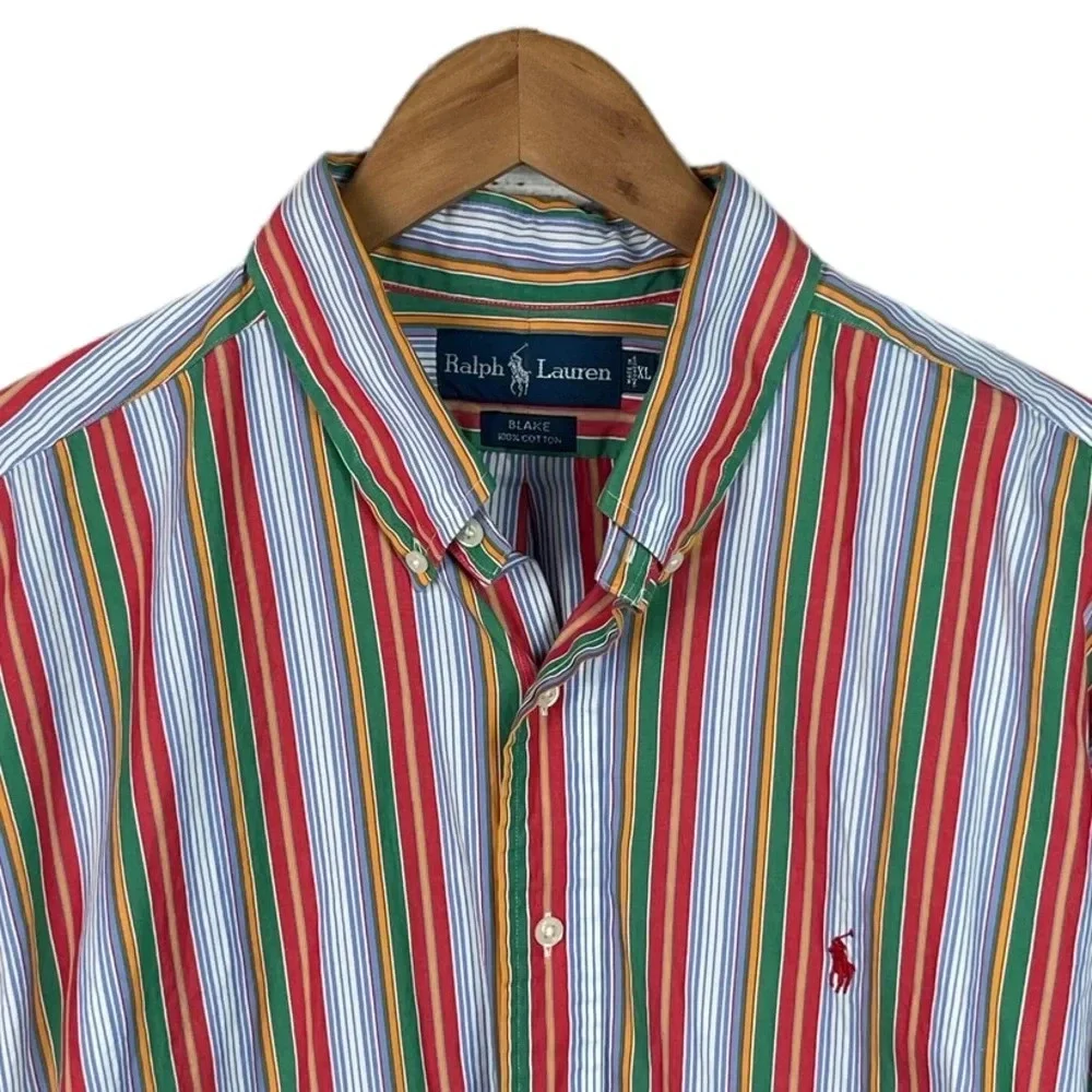 BF962 Vintage Mens Polo Ralph Lauren Blake Striped Designer Button Shirt XL